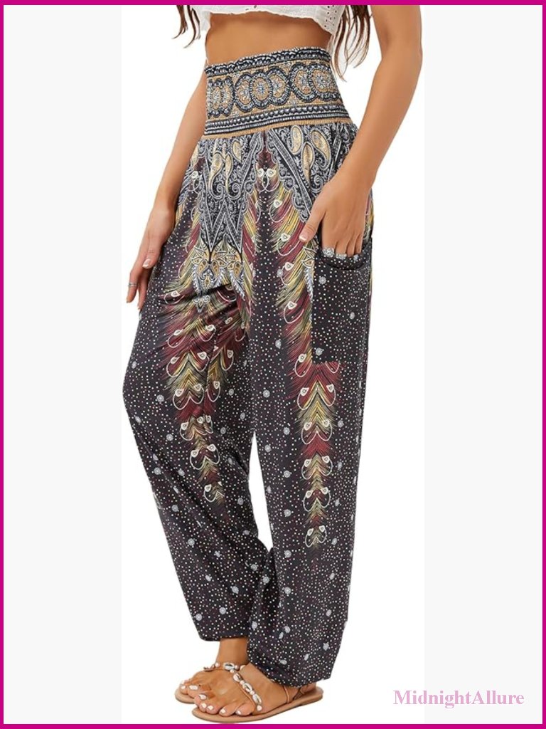 High Waist Harem Pants With Pockets Boho Yoga Lounge Pajama Trousers